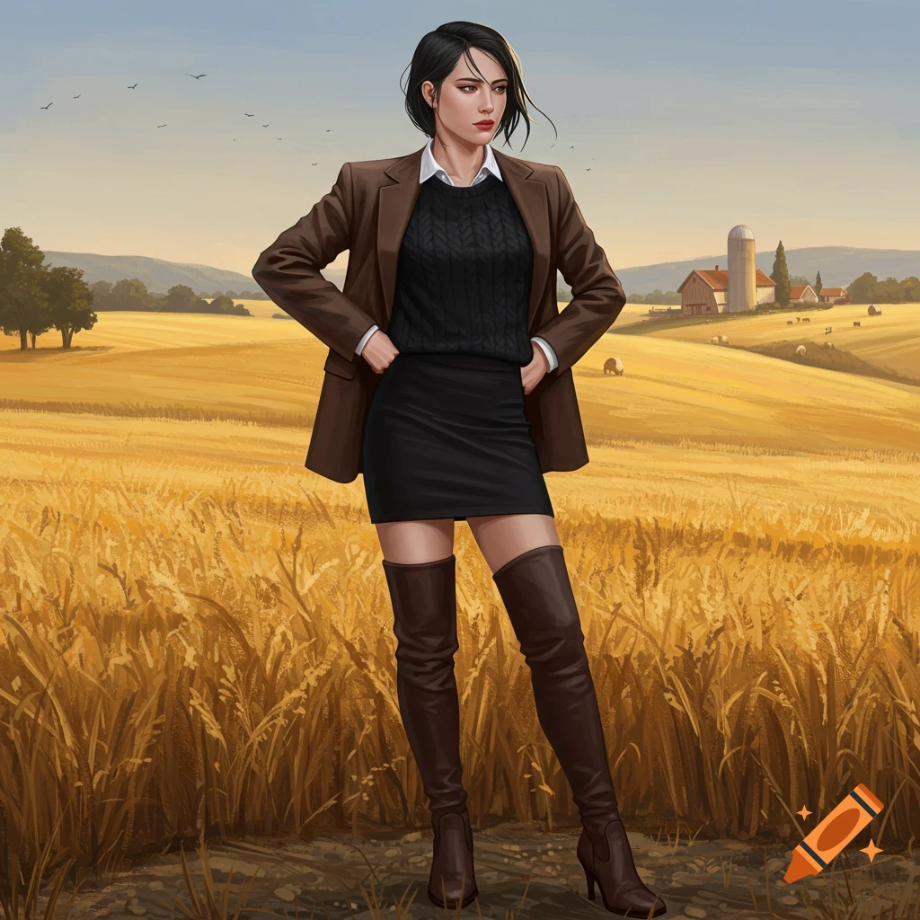 A woman in a brown jacket, black skirt, and thigh-high boots stands in a golden field with a farm in the background, illustrated.