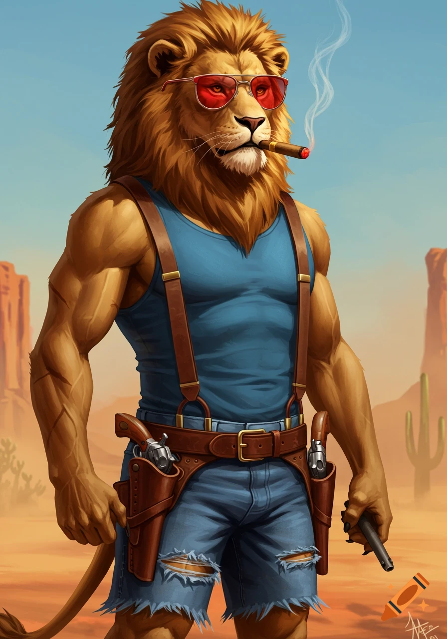 An anthropomorphic lion wearing red sunglasses, a blue tank top, ripped jean shorts, smoking a cigar, and carrying two revolvers in a desert. Digital art.