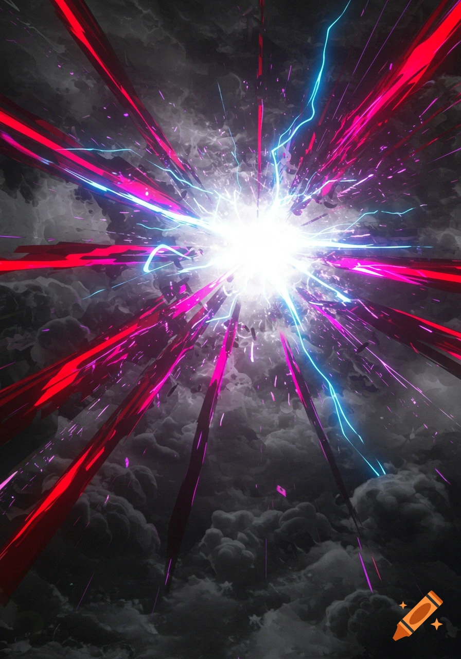 A vibrant abstract explosion of bright white light with red, pink, and blue energy rays bursting outwards against a dark, cloudy sky.