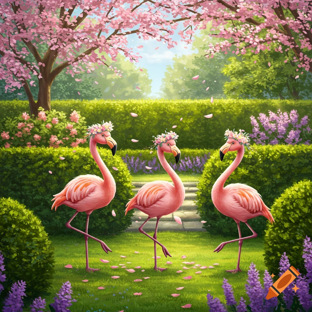 Three pink flamingos wearing flower crowns walk in a vibrant spring garden with blooming cherry blossom trees, illustrated.