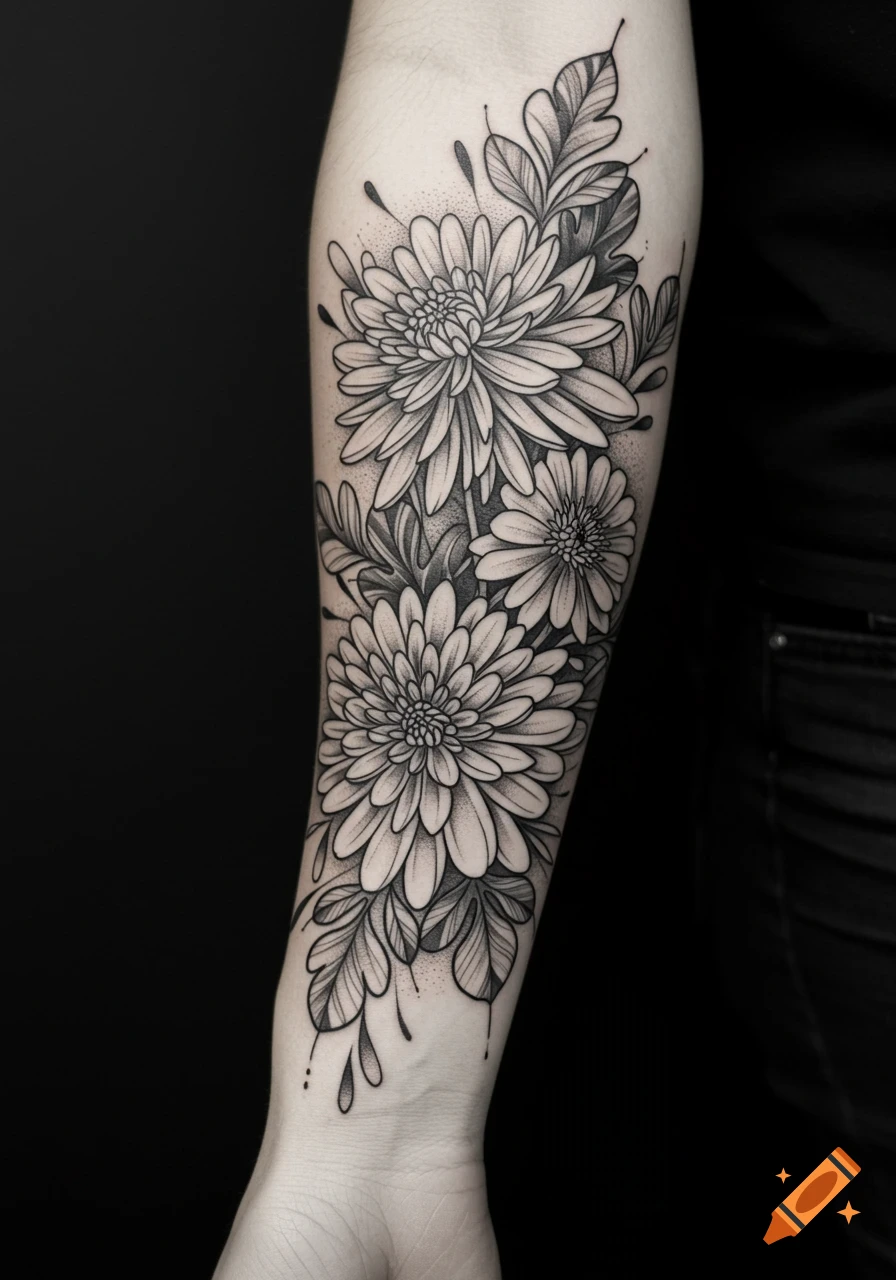 Detailed black and grey tattoo of chrysanthemums and leaves adorning a person's forearm.