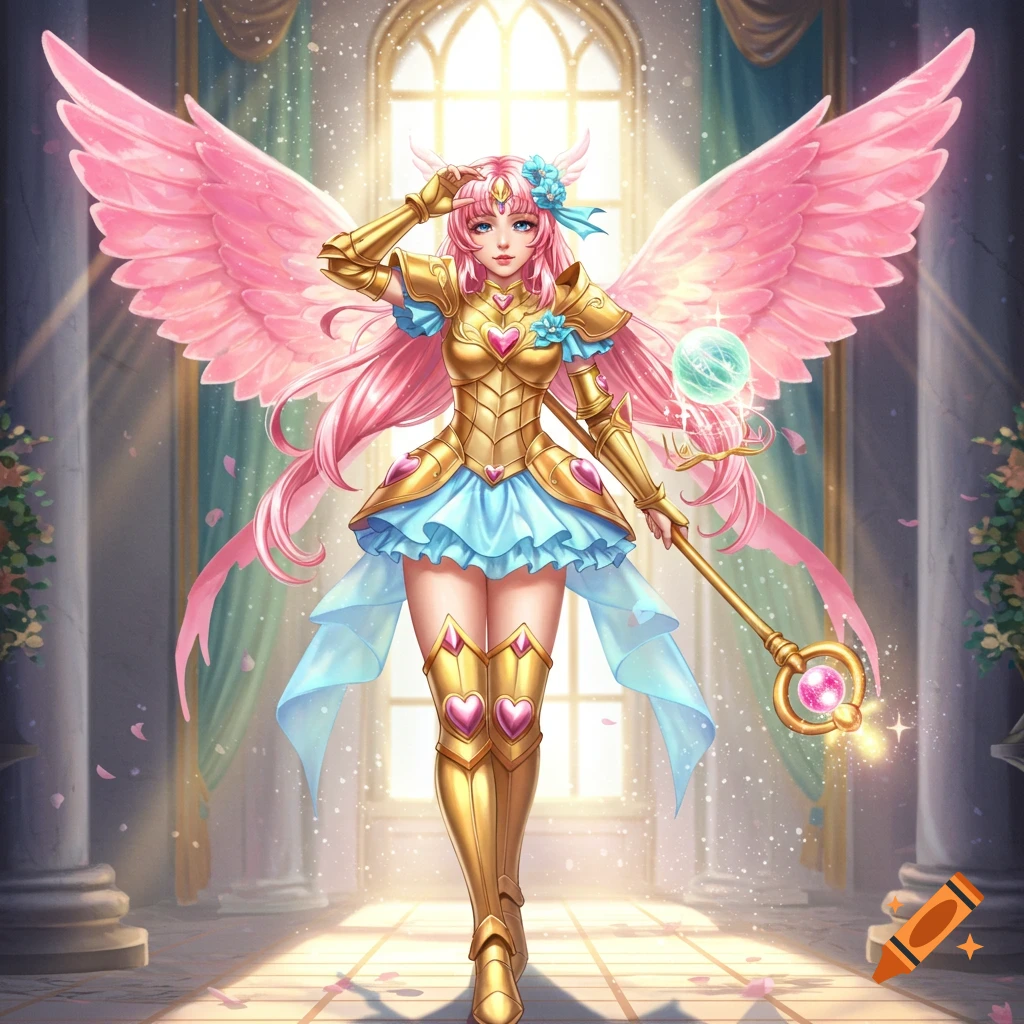 An anime magical girl with pink hair and wings stands in golden armor and a blue skirt, holding a staff in a grand hall.