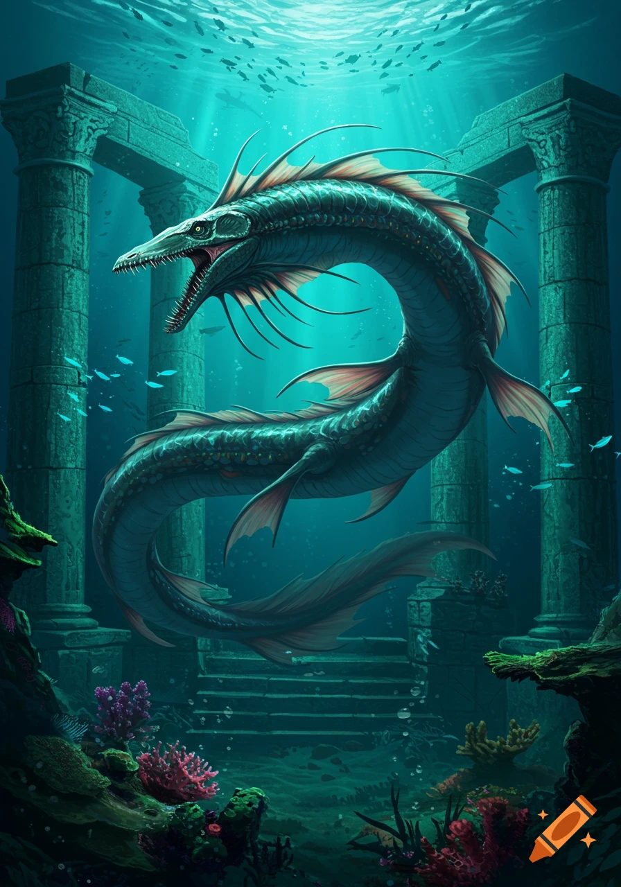 A serpentine cryptid with fish and dinosaur features swims among ancient underwater ruins with coral and small fish.