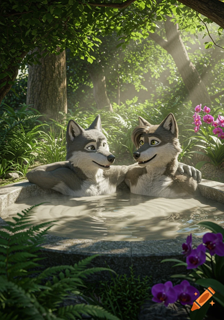 Two anthropomorphic wolves relax in a muddy hot tub in a lush forest with orchids, 3D animation.