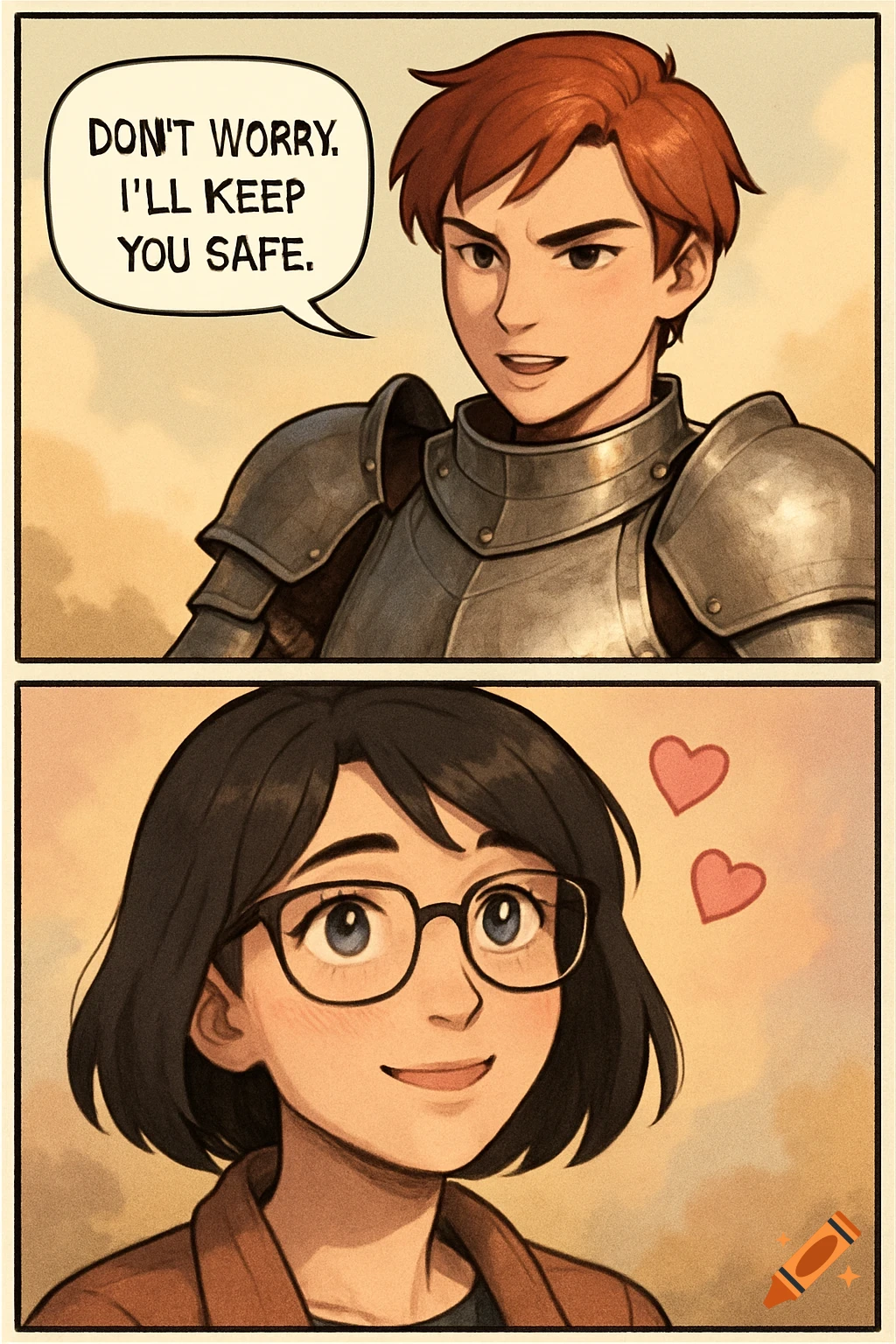 Digital comic: a knight says 'I'll keep you safe' to a smiling woman with glasses and hearts.