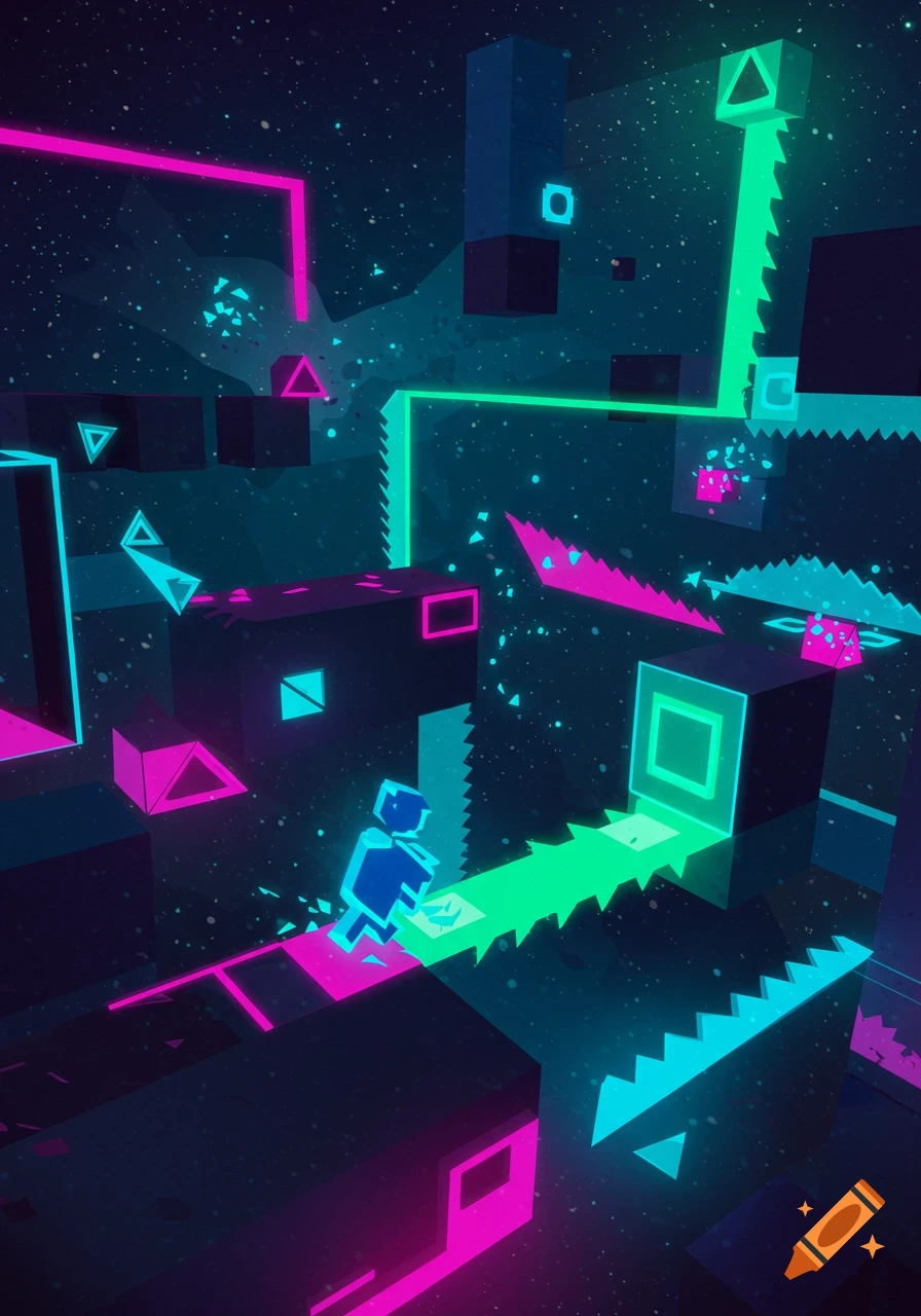 A vibrant, neon-lit geometric platformer game scene with a small block character navigating obstacles against a starry background.