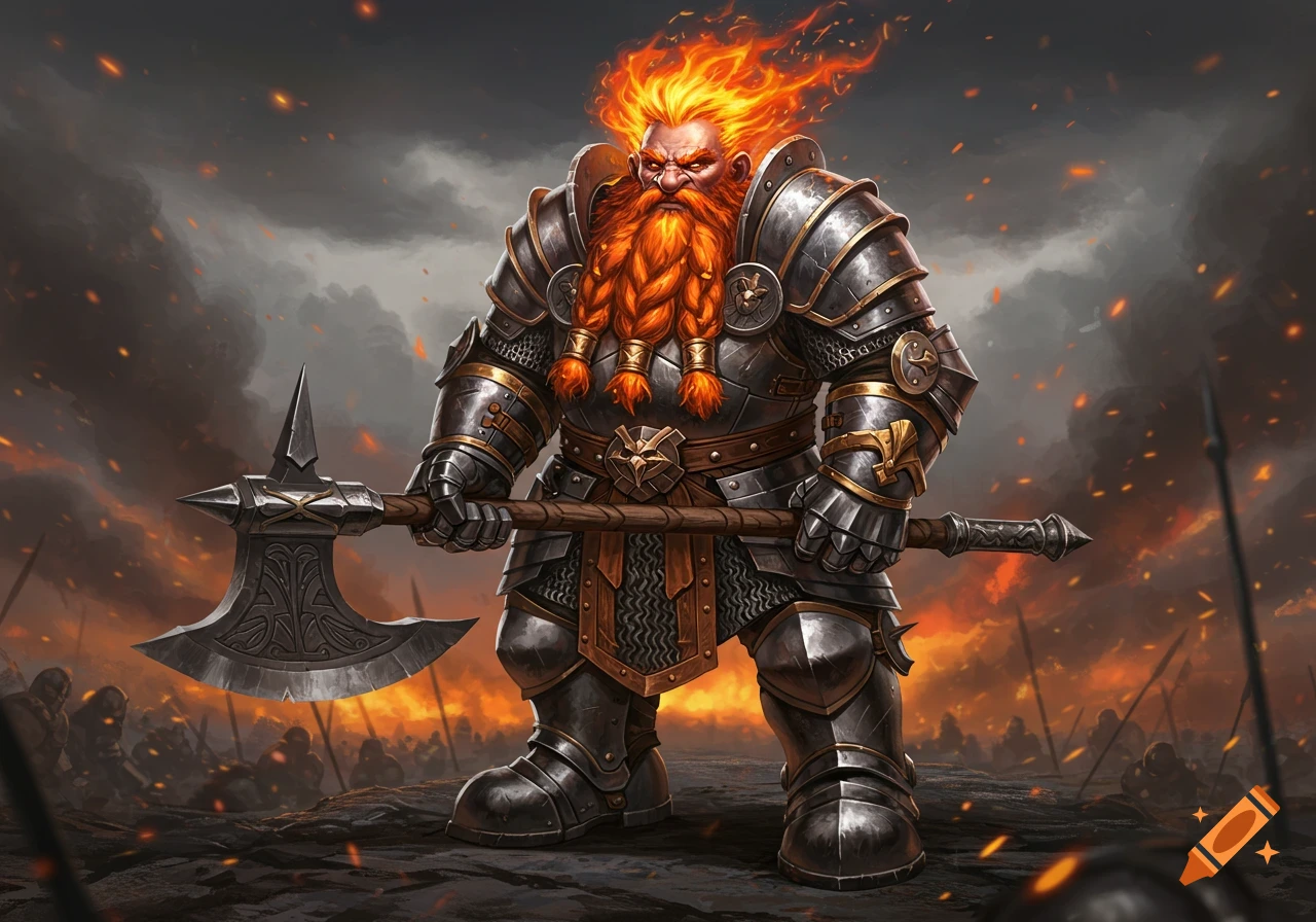 A formidable dwarf warrior in full plate armor holds a large axe, with fiery hair and beard, standing on a smoky battlefield.