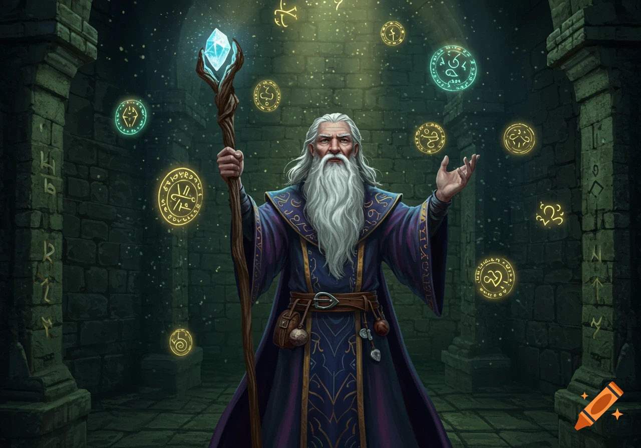 A grey-bearded wizard in a blue and gold robe holds a glowing crystal staff, surrounded by floating magical runes in a stone dungeon.