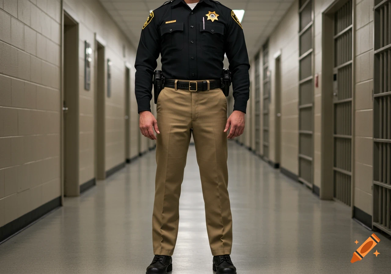 A corrections officer stands in a prison hallway, wearing a black shirt, tan pants, and black boots. The officer is facing forward, arms at their sides.