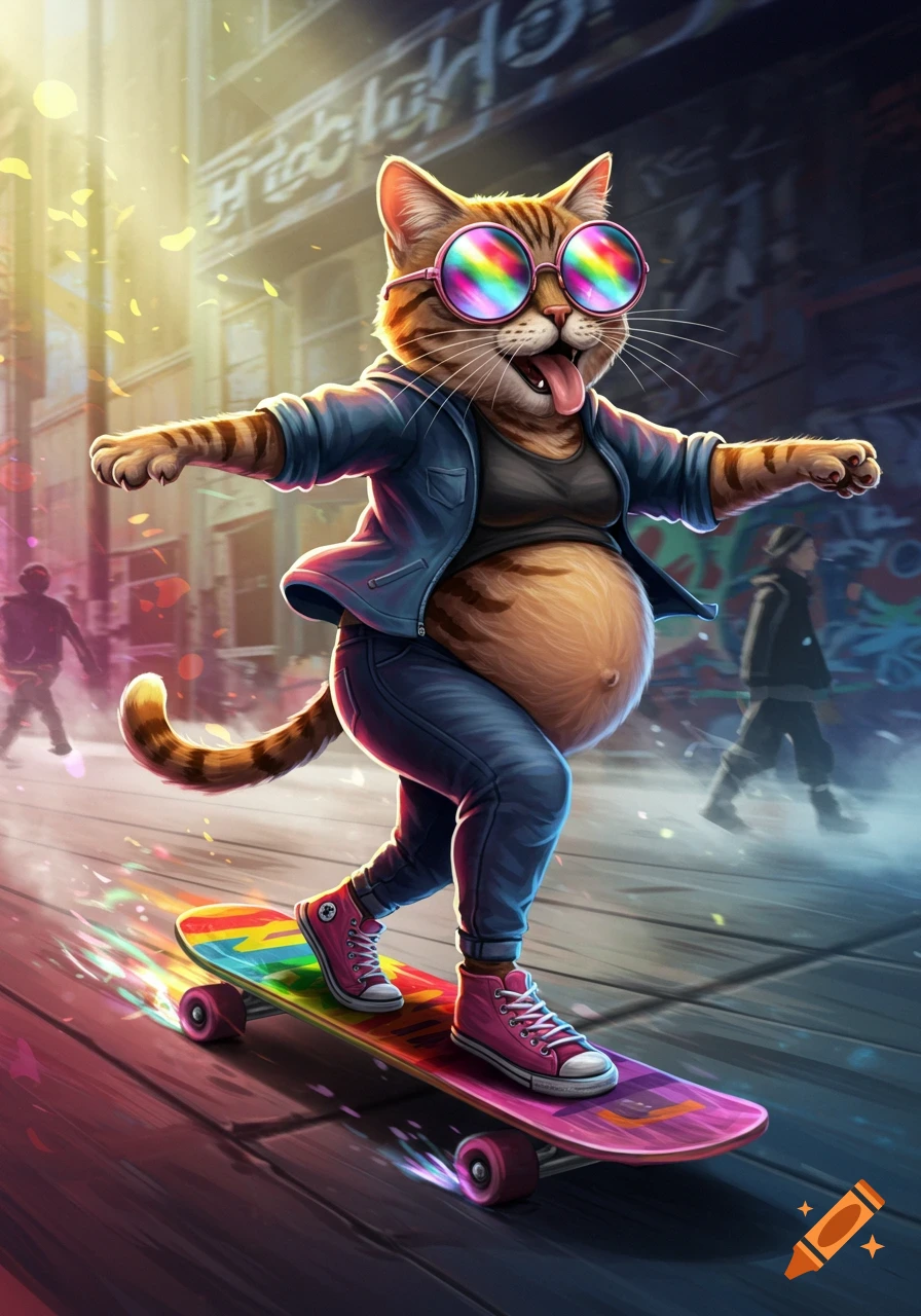 A cartoonish, pregnant tabby cat with rainbow sunglasses and a long tongue rides a colorful skateboard down an urban street.