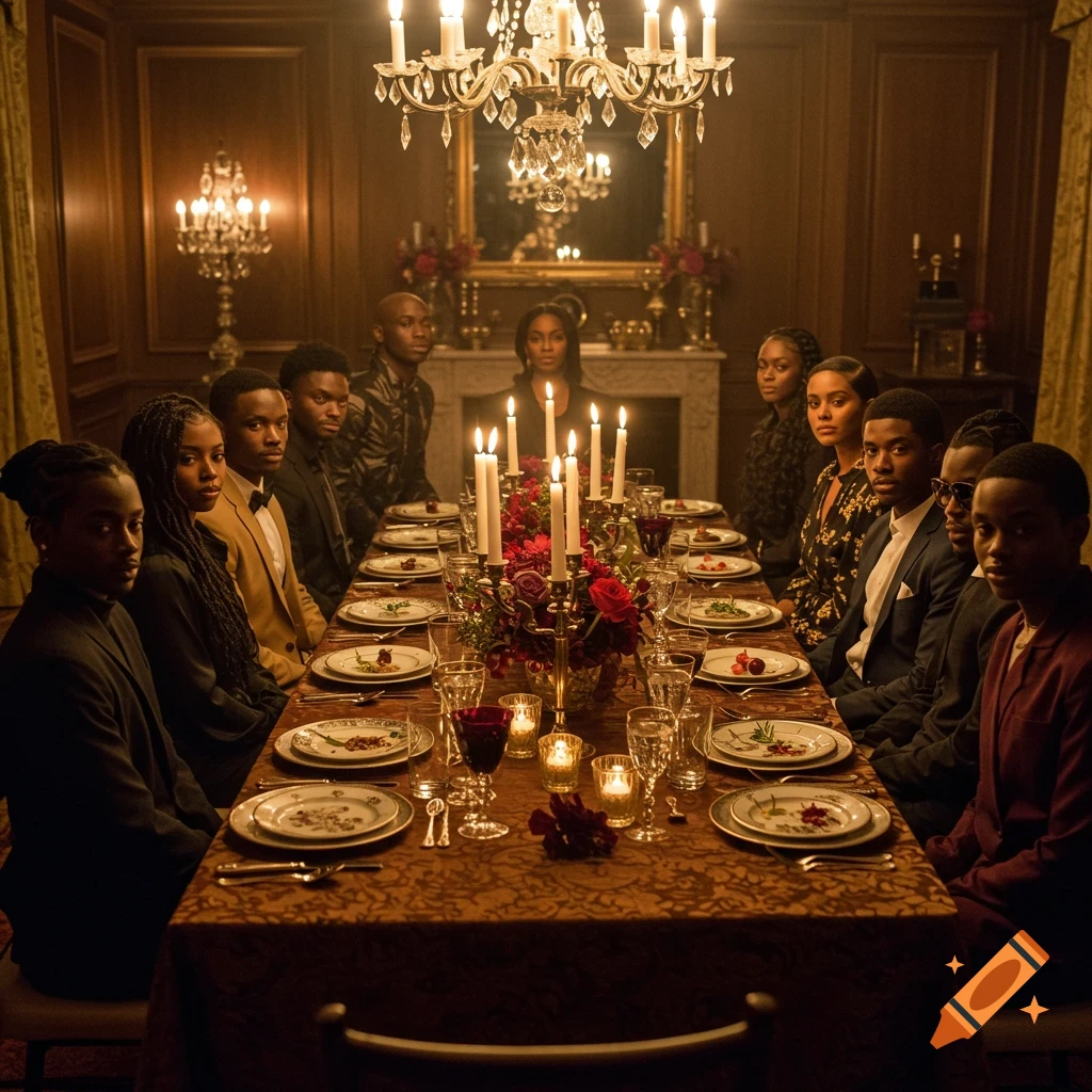 A group of Black people in formal attire seated at a long, candlelit dinner table in a luxurious, dimly lit room.
