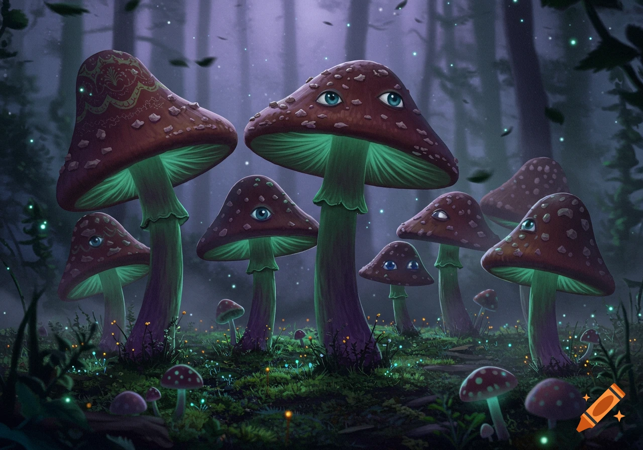 Glowing eyed mushrooms with red caps and green undersides stand in a dark, mystical forest with sparkling lights.