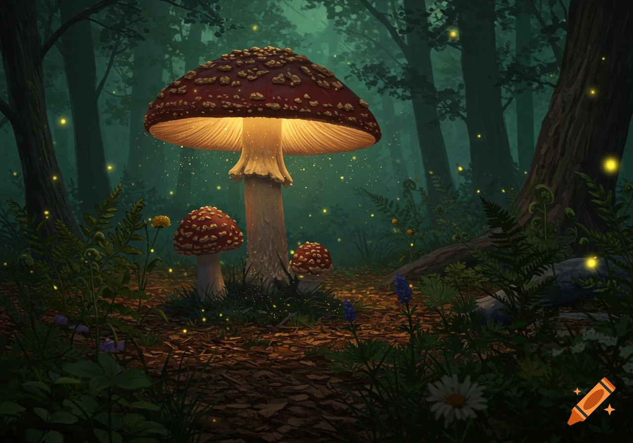 Large glowing red and white mushrooms in a dark, misty fantasy forest with fireflies and lush green foliage.