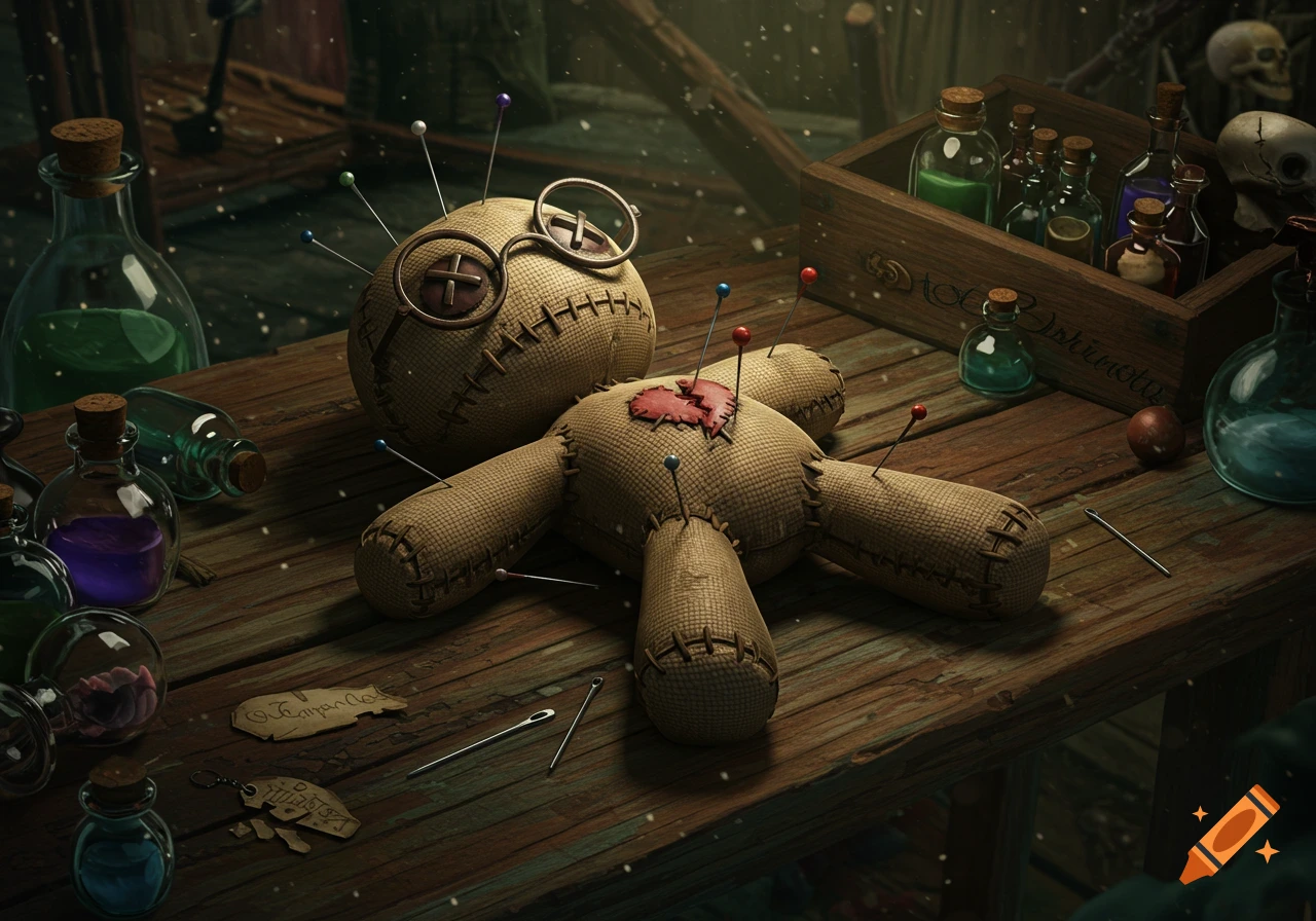 A stylized voodoo doll with glasses and another with a cracked heart, both pierced with pins, lie on a wooden table surrounded by potions and a skull, in the style of Coraline.