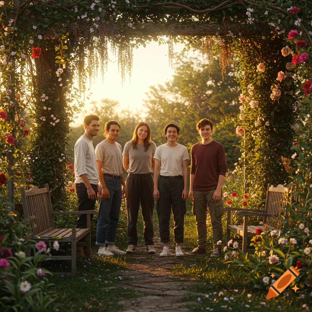 Five young adults stand smiling under a floral archway in a sunlit, vibrant garden.