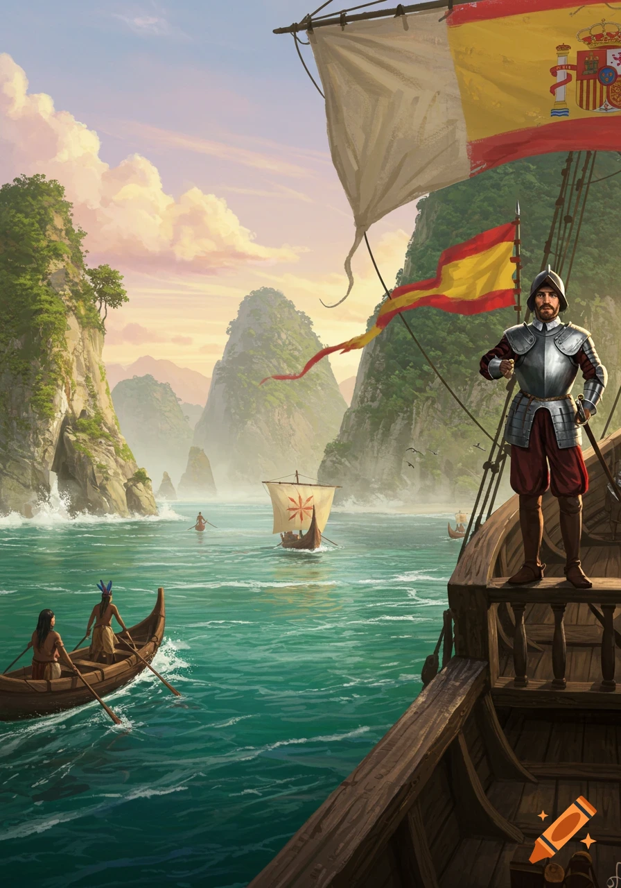 A Spanish conquistador in full armor stands on a ship flying a Spanish flag, while indigenous people paddle canoes in turquoise water amidst lush, towering cliffs and mountains.