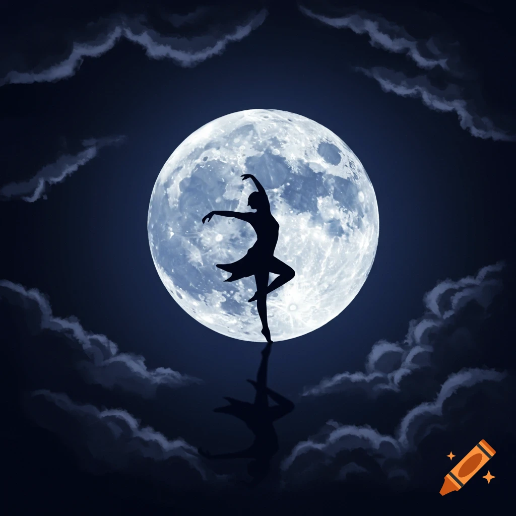 Silhouette of a dancer elegantly posing in front of a full moon with clouds in a dark night sky.