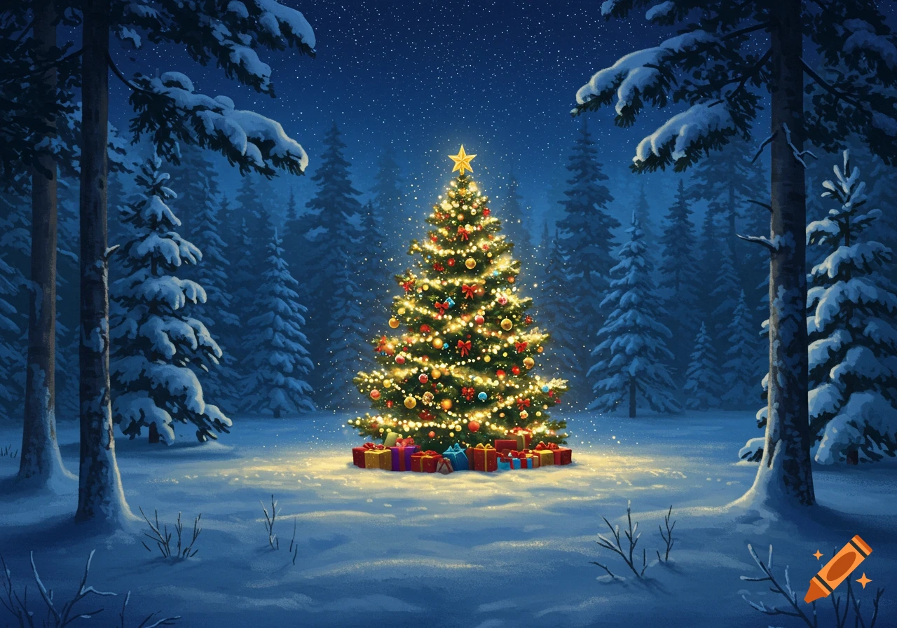 A magical, digitally painted Christmas tree glowing in a snowy winter ...