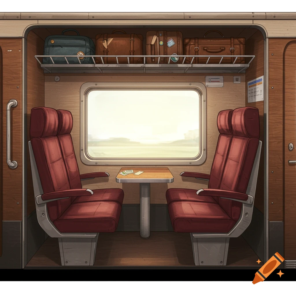 An illustrative view of a train compartment with two red seats facing each other, a small table, and luggage on an overhead rack.