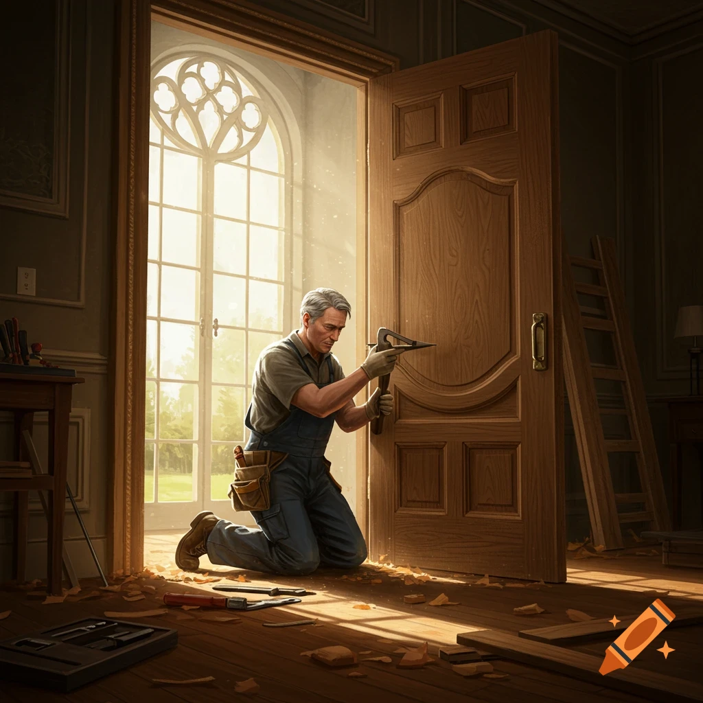 A gray-haired man in work overalls kneels to install a wooden door, surrounded by wood shavings, with a sunlit window in the background, photorealistic.