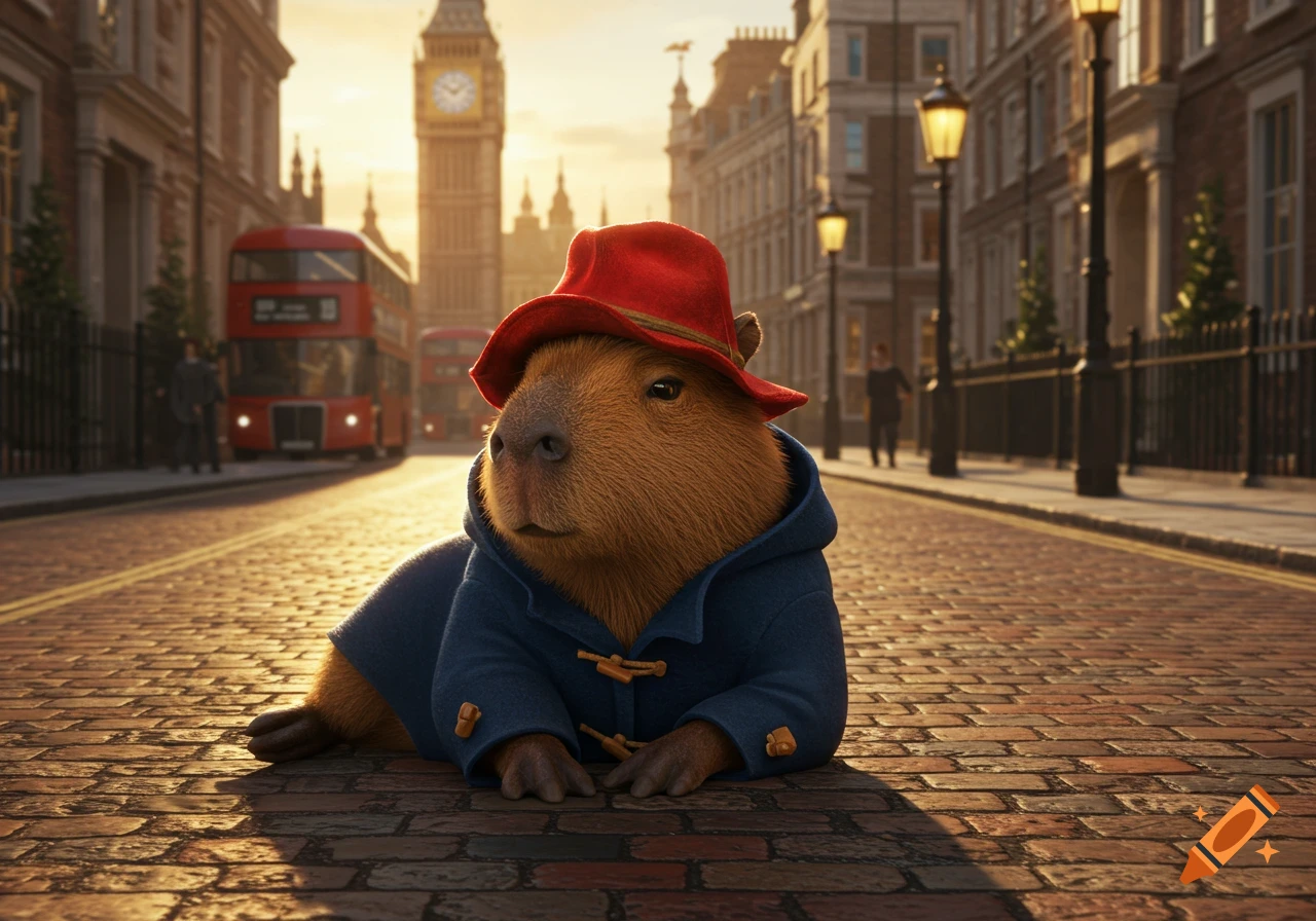Photorealistic image of a capybara in a red hat and blue coat lying on a London cobblestone street, with Big Ben and a red bus in the background.