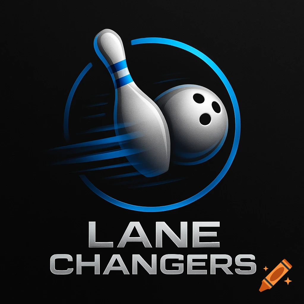 A bowling logo with a metallic pin and ball in motion, encircled by a blue ring, above the text "LANE CHANGERS" on a black background.