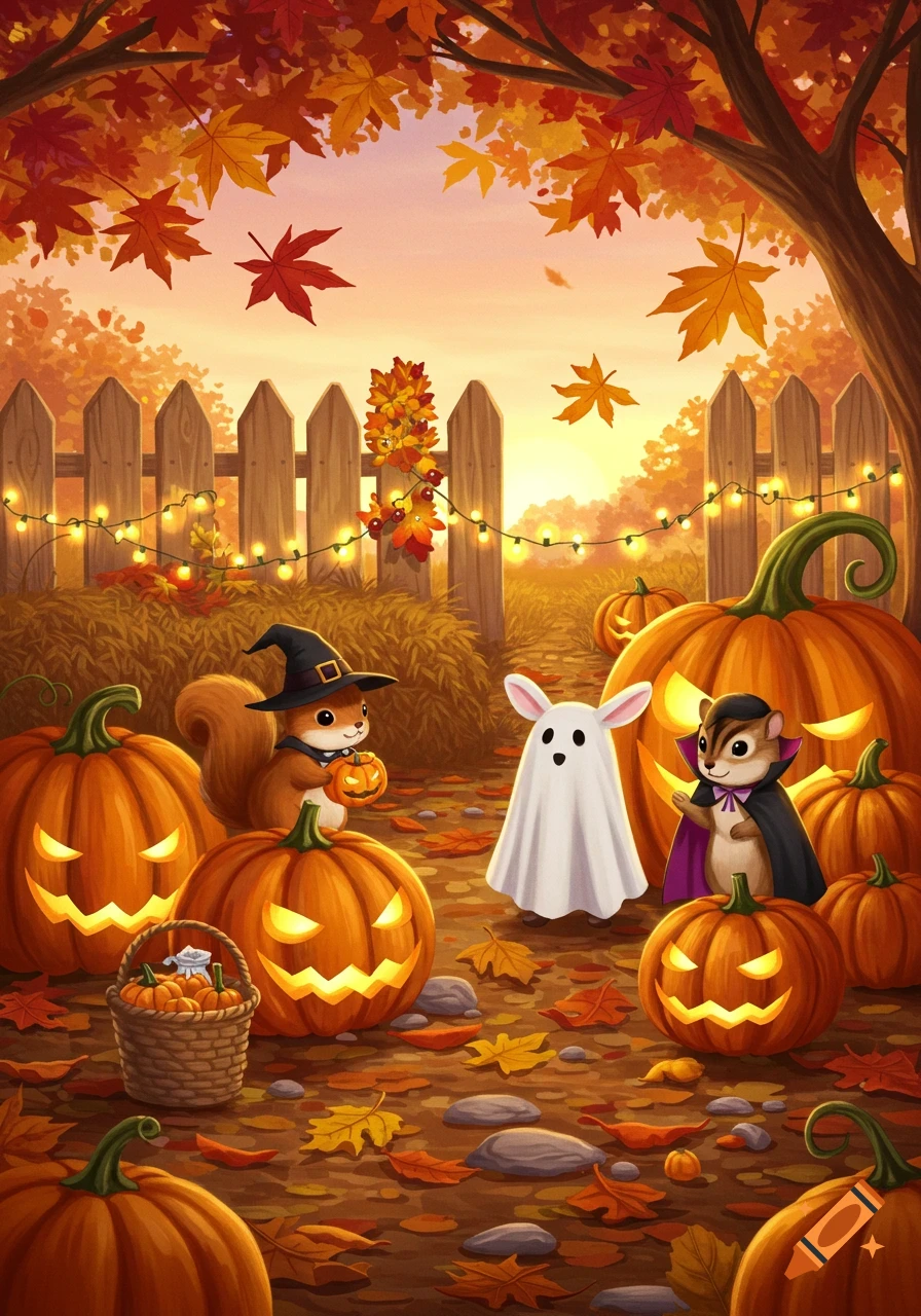 Cute squirrel witch, chipmunk vampire, and ghost among glowing jack-o'-lanterns and autumn leaves in a festive fall Halloween scene.