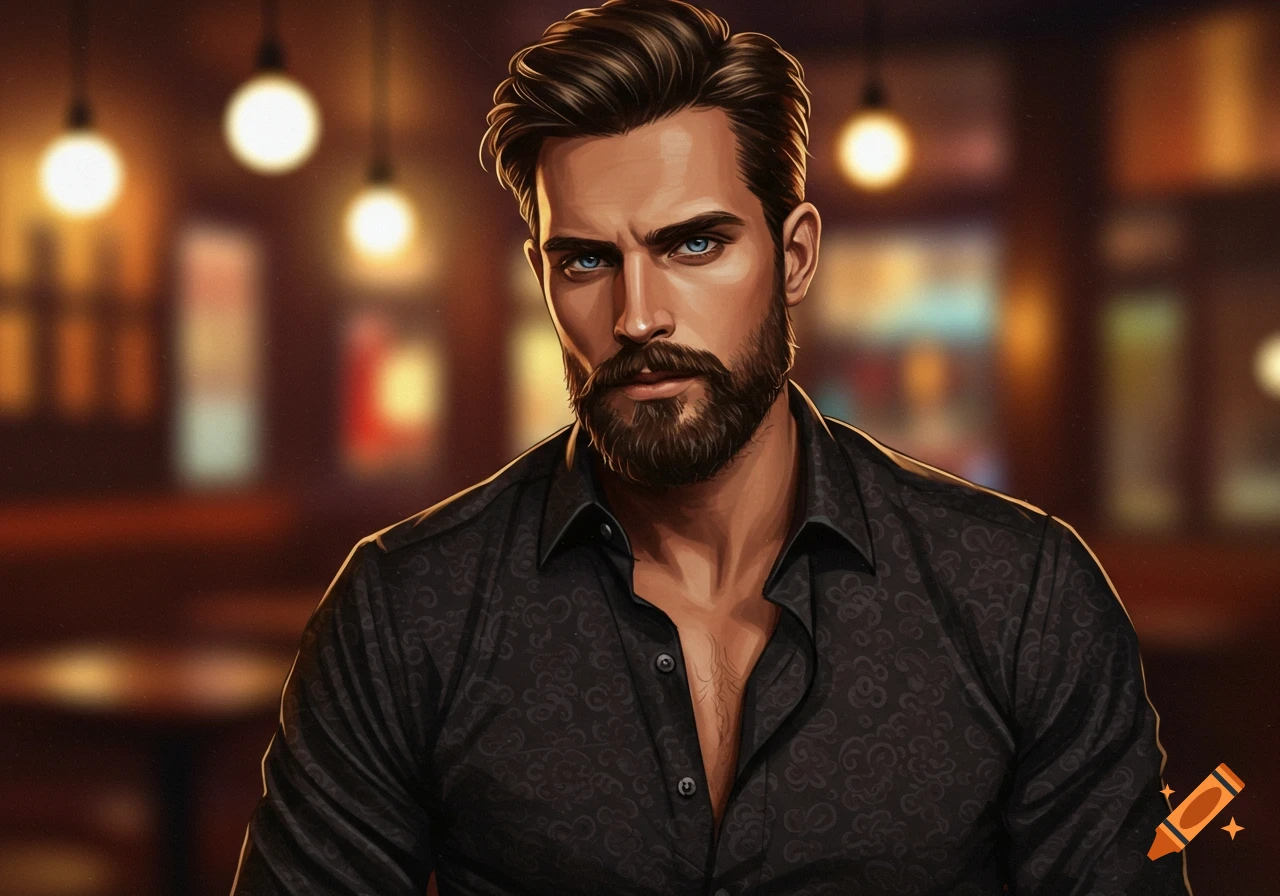 A stylized illustration of a handsome man with a thick beard, blue eyes, and dark patterned shirt in a blurred bar.