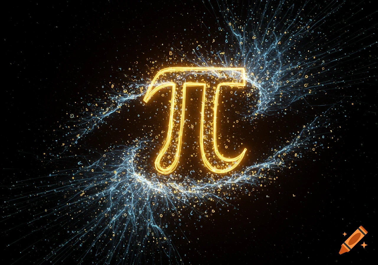A glowing golden Pi symbol surrounded by energetic blue and gold particles on a black background.