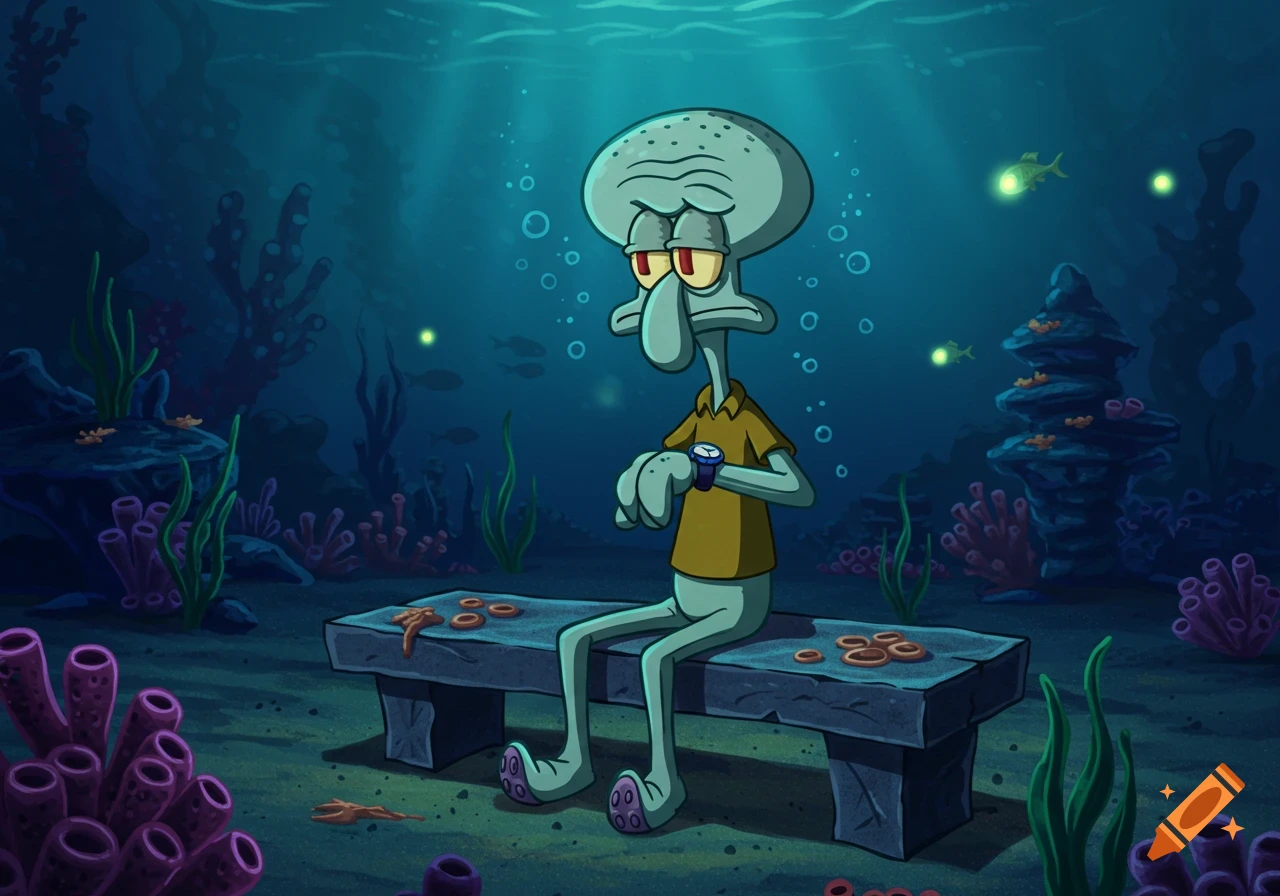 Squidward Tentacles sits alone on an underwater stone bench, looking dejectedly at his wristwatch, surrounded by coral and plants.