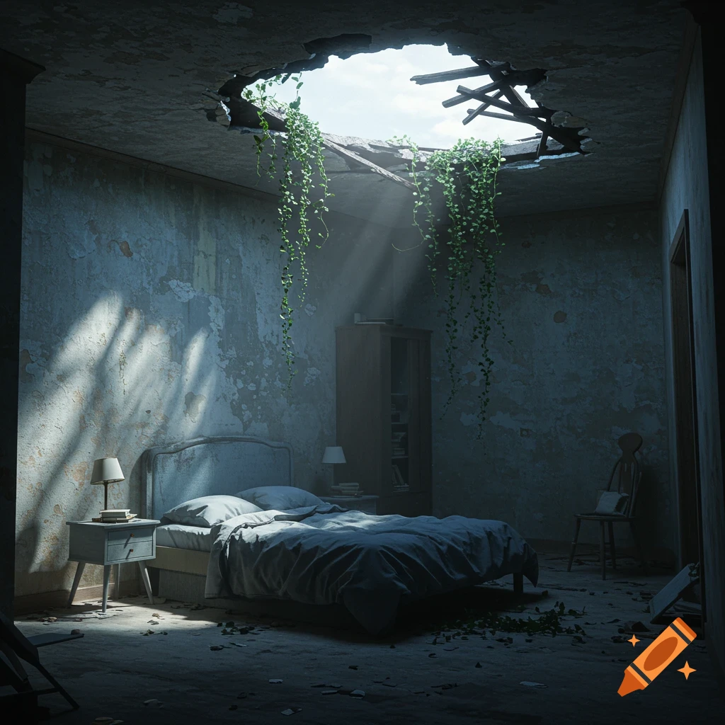 Photorealistic image of a dimly lit, ruined bedroom with a large hole in the ceiling from which vines hang, illuminated by sunbeams.