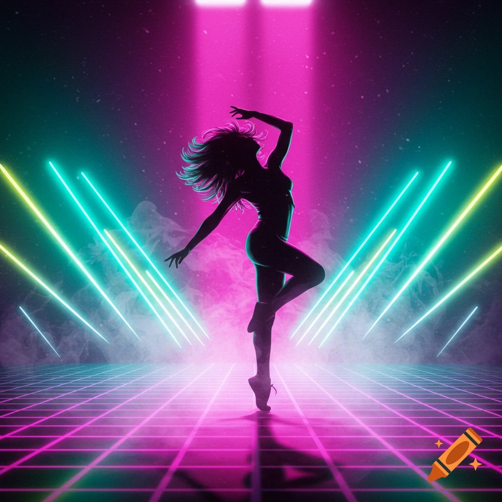 Female dancer silhouette striking a graceful pose on a neon-lit grid floor with pink and cyan lighting in a synthwave style.