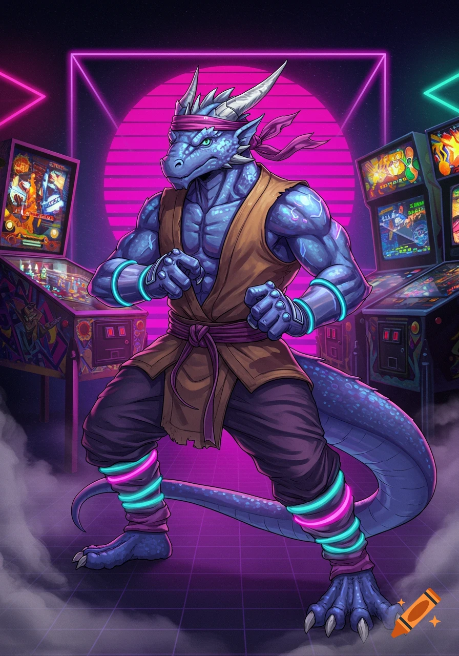 A blue anthropomorphic dragon in a martial arts gi and headband stands in an 80s-themed arcade with neon lights.