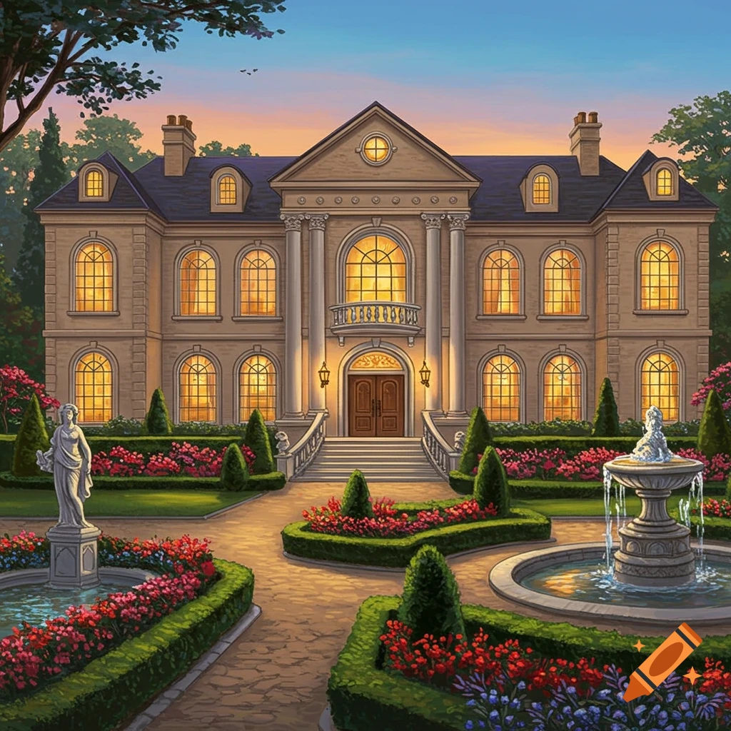 A grand, opulent mansion with lighted windows, a large landscaped garden featuring statues and fountains, under a sunset sky.