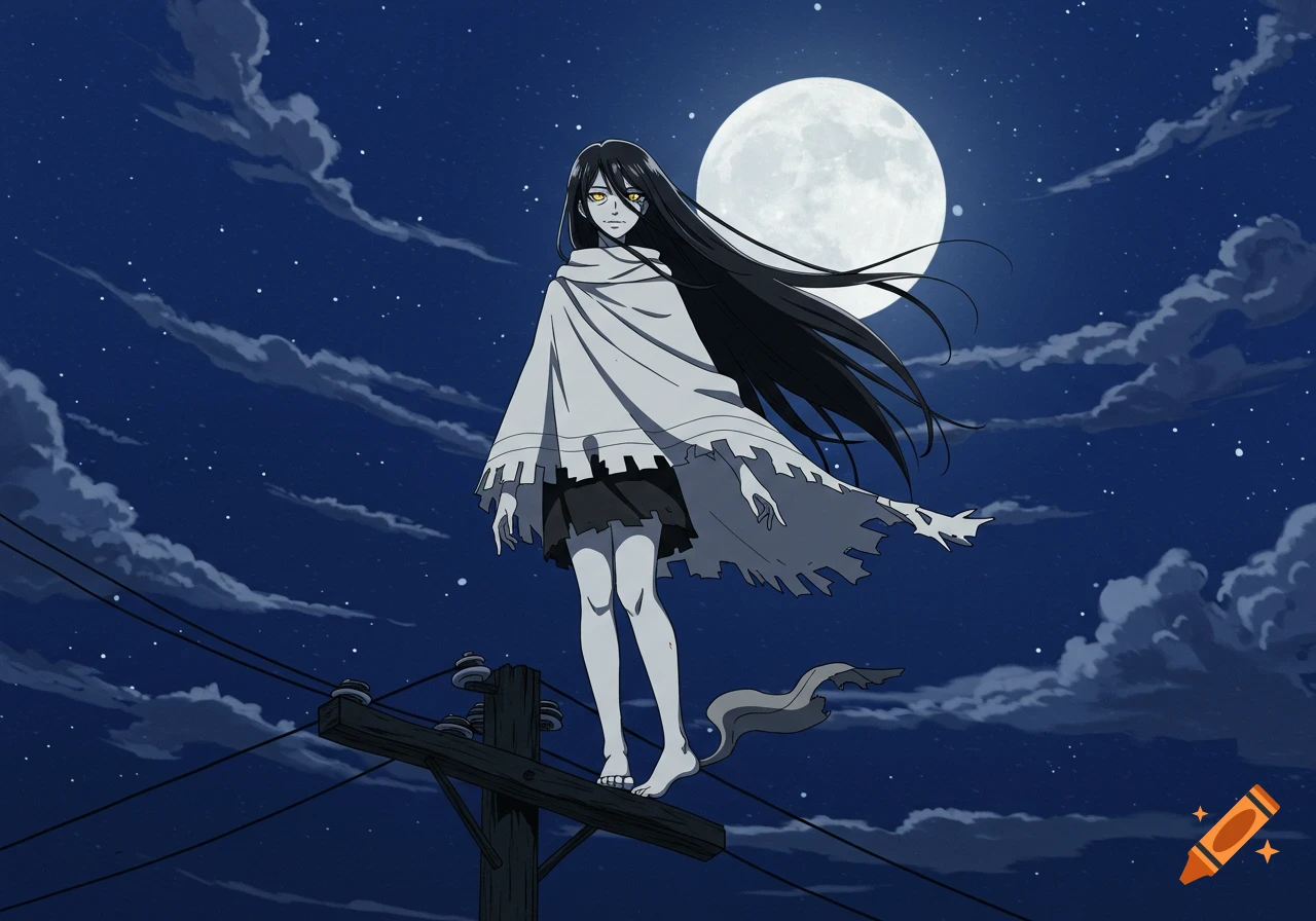 A 2D anime ghost woman with long black hair, yellow eyes, and a tattered white poncho stands barefoot on a telephone pole under a full moon at night.