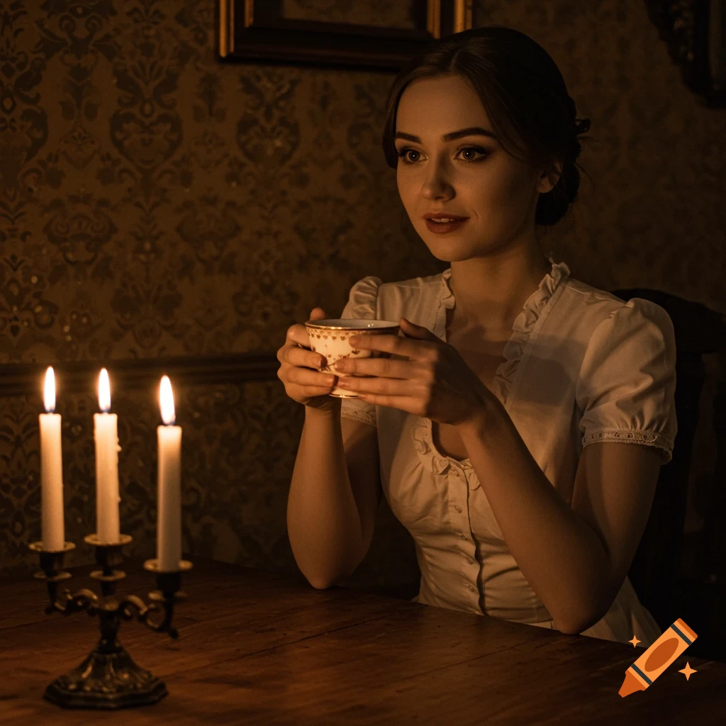 A young woman in vintage attire sits at a table, illuminated by three candles, holding a patterned teacup. Photorealistic.
