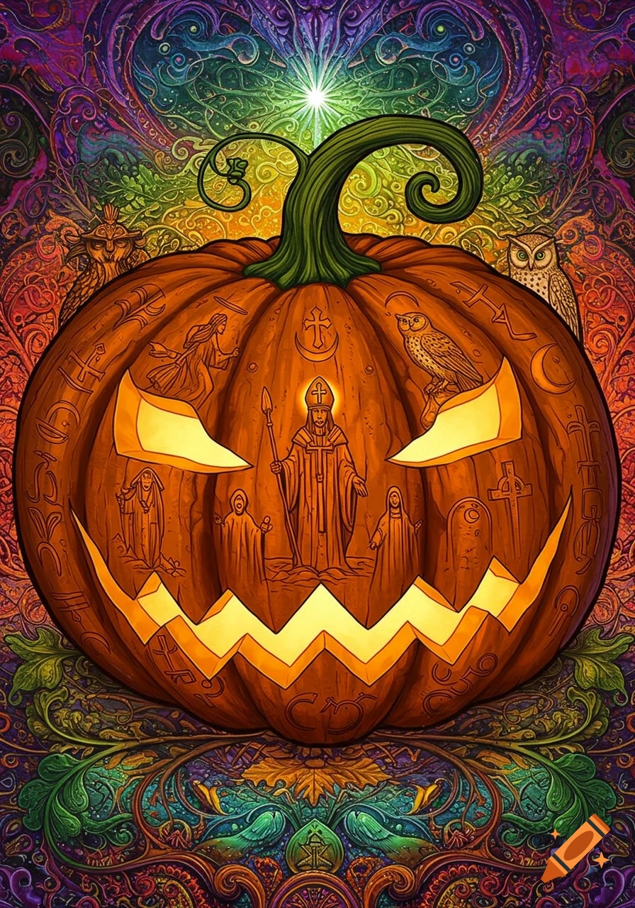 Hyper-detailed psychedelic illustration of a glowing jack-o'-lantern carved with saints, witches, and owls, surrounded by swirling patterns.