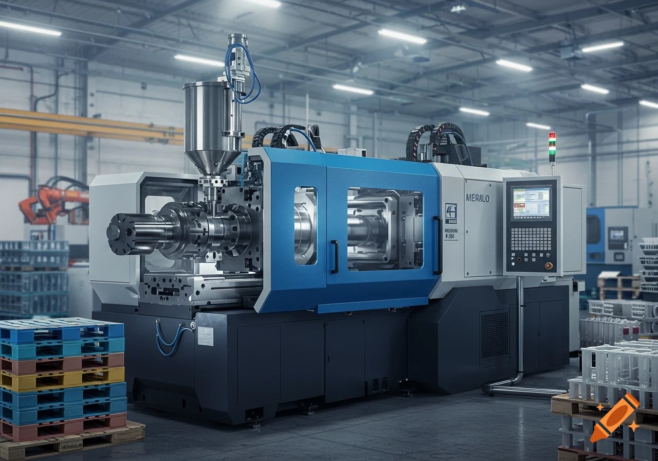 A large, modern blue and white injection molding machine with a control panel and metal components sits in a well-lit factory. Pallets of colorful plastic crates are in the foreground.
