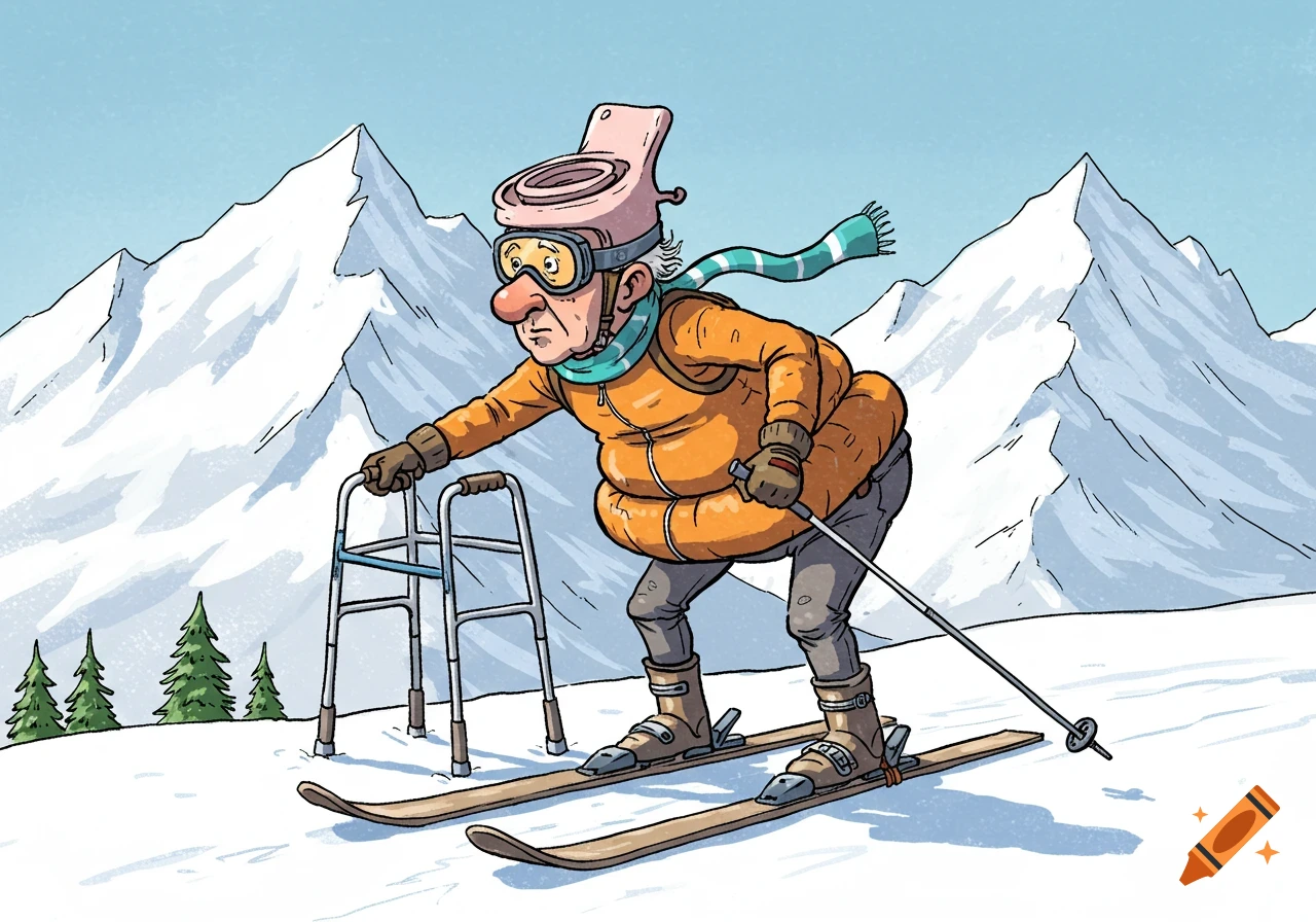 Comic illustration of an elderly man with a bedpan hat and padded belly skiing with a walker in the mountains.