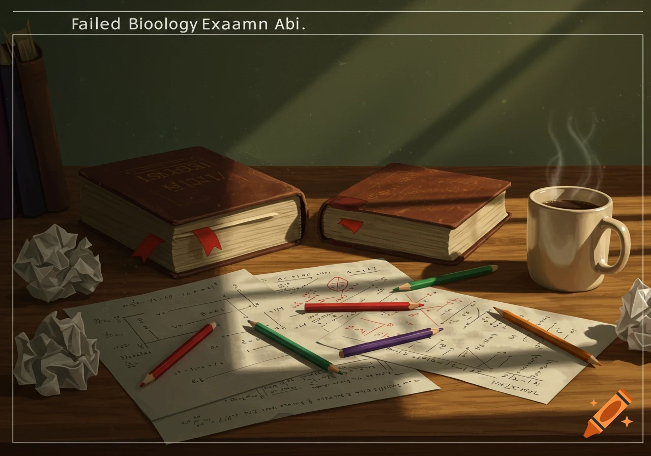 A desk with two old books, crumpled papers, colored pencils, and a steaming mug of coffee, lit by a window. Papers with illegible equations are scattered on the wooden surface.