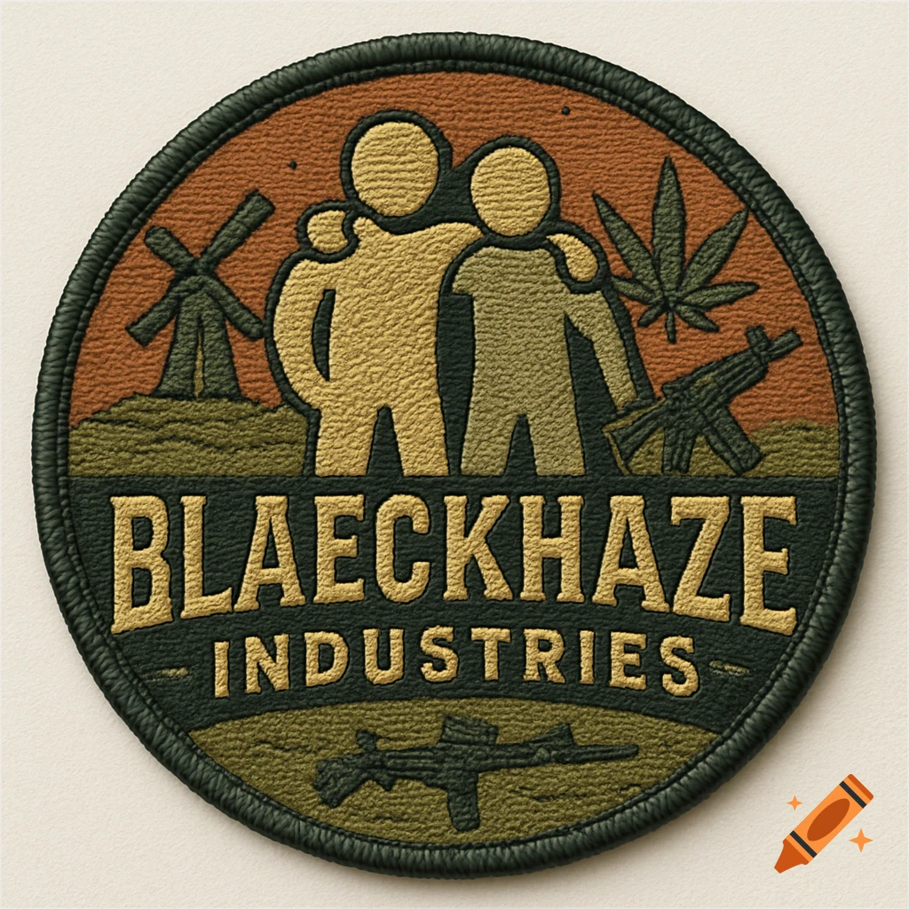 A circular embroidered patch featuring two stylized figures hugging, a windmill, a cannabis leaf, an airsoft gun, and the text 'BLAECKHAZE INDUSTRIES'.