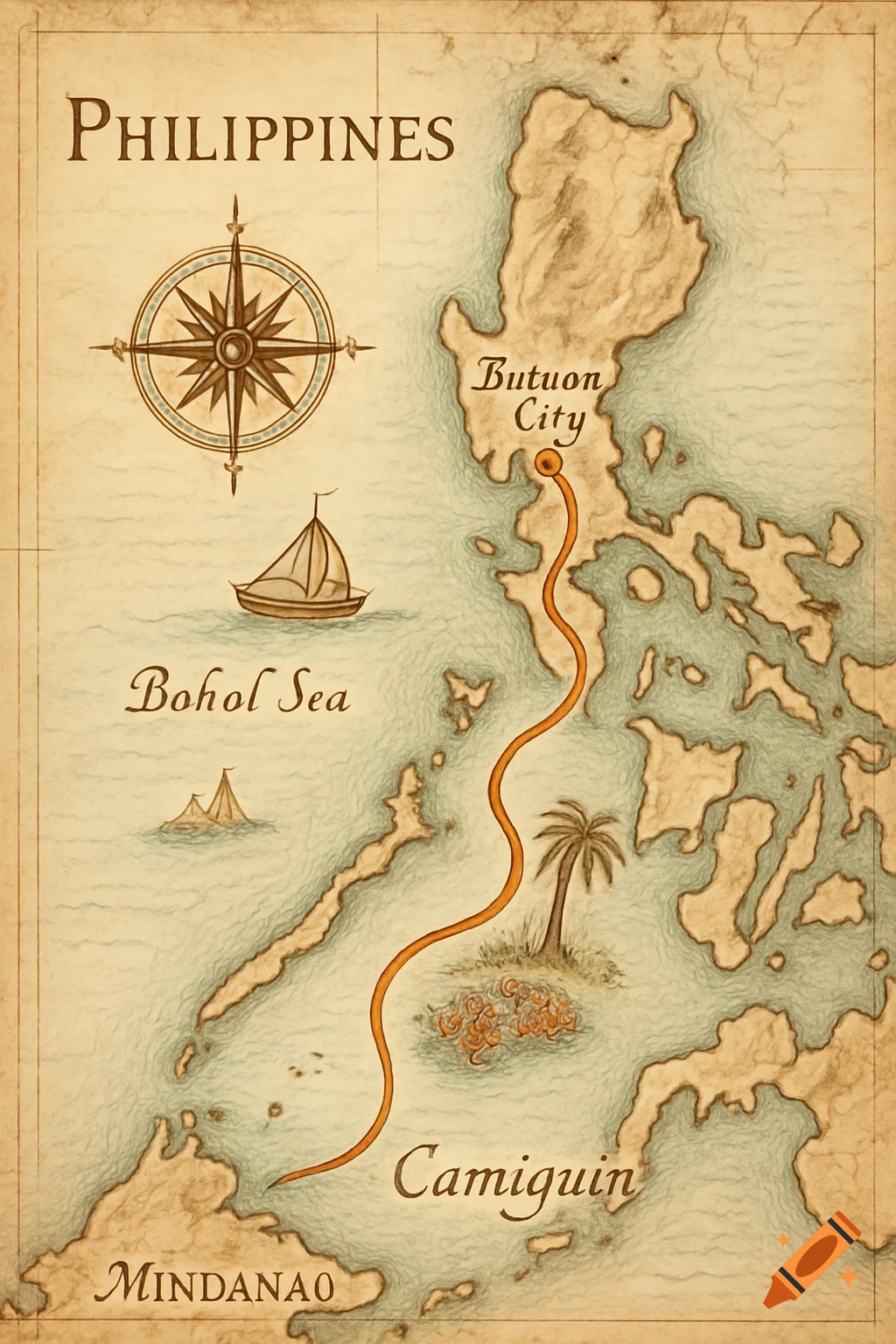 An antique-style map of the Philippines showing a journey from Butuan City to Camiguin, with a compass rose and boats.