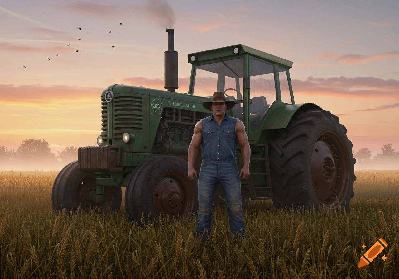 A muscular man in a cowboy hat and denim shirt stands in a wheat field in front of a green tractor at sunset.