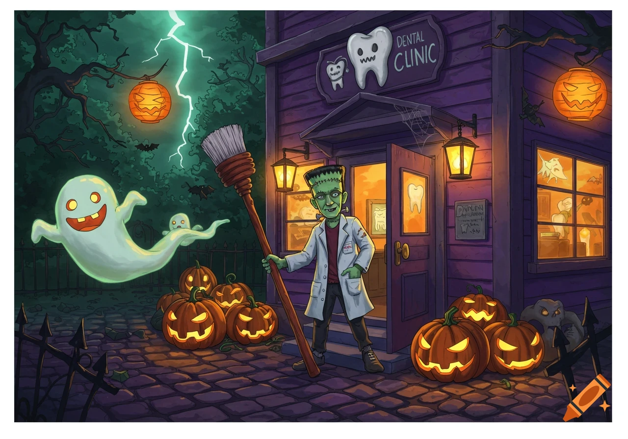 Cartoon Halloween night illustration with a Frankenstein-like dentist holding a broom outside a dental clinic, with ghosts and jack-o'-lanterns.