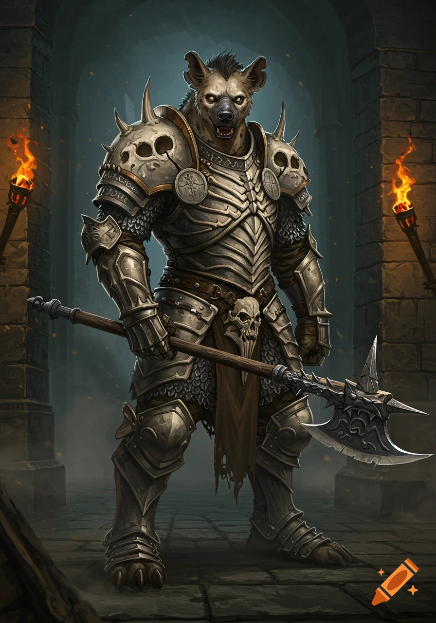A fearsome gnoll warrior in detailed bone full plate armor with glowing eyes, holding a large axe in a dark dungeon with torches.