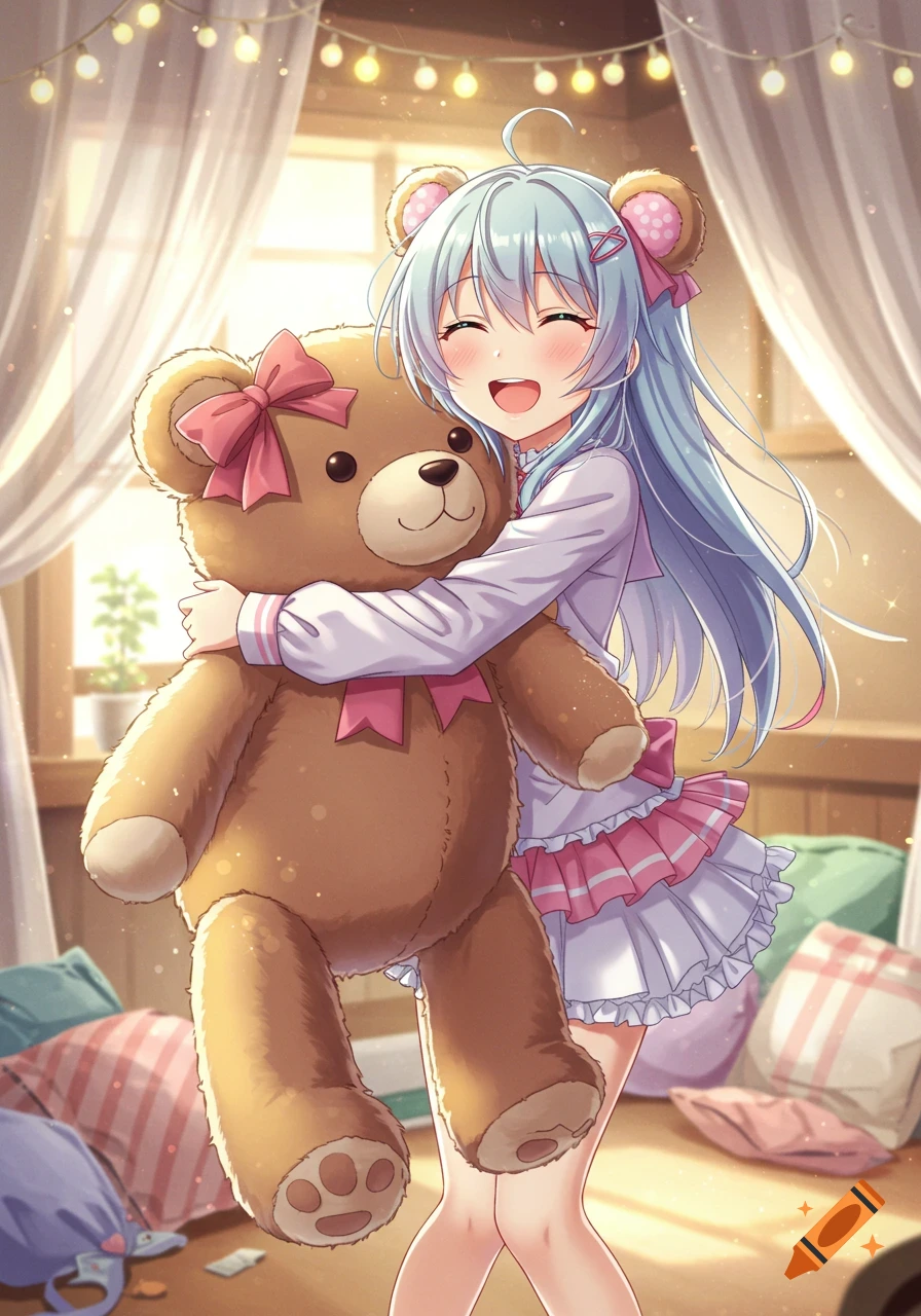 A cheerful anime girl with light blue hair hugs a large brown teddy bear with pink bows in a sunlit room.