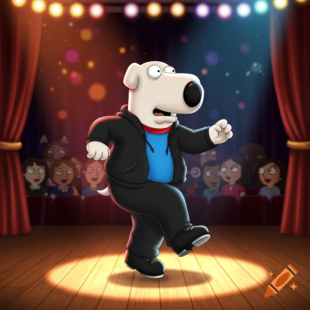 Brian from Family Guy tap dancing on a brightly lit stage in front of an audience, wearing a black hoodie, blue t-shirt, and black sweatpants.