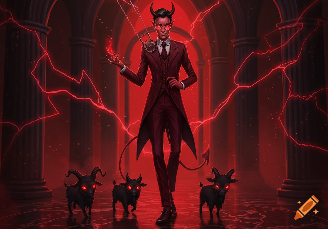 A stylish devil-like figure in a red pinstripe suit and tie, with horns and glowing red eyes, stands with three small black demon goats in a dark, red-lit, columned hall with electrical bolts.