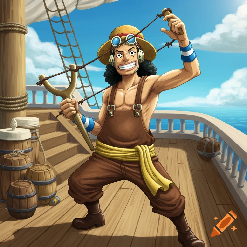 Usopp from One Piece on a ship deck, smiling and holding a large slingshot, in a bright anime style.