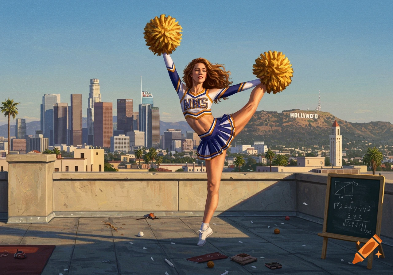 A cheerleader in a blue and white uniform with pompoms performs a high kick on a rooftop with the Los Angeles skyline and Hollywood sign in the background.
